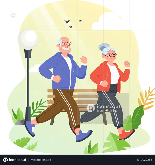 Abuelo y abuela corriendo por la mañana  Ilustración