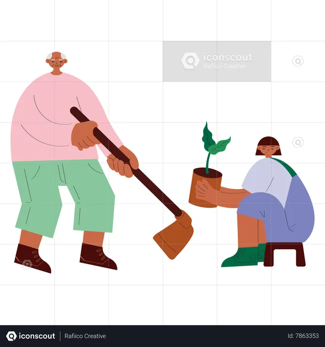 Abuelo y nieta plantando juntos  Ilustración