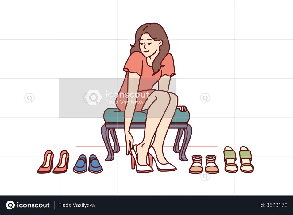 Femme accro au shopping essayant des chaussures en magasin  Illustration