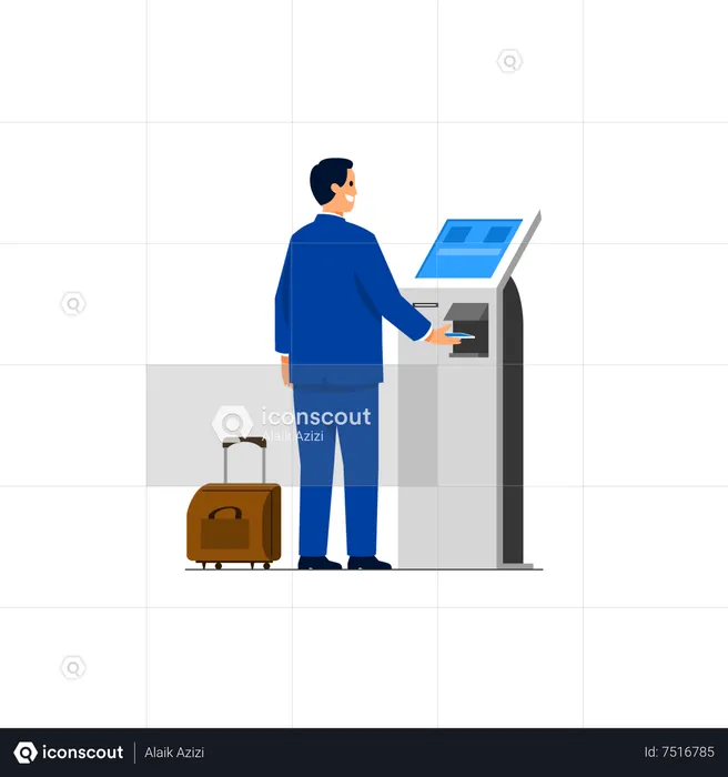 Billet de voyage d'achat de navetteur avec distributeur automatique de billets sans contact.  Illustration