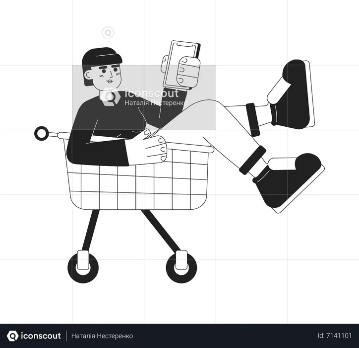 Acheteur en ligne choisissant des marchandises dans son caddie  Illustration