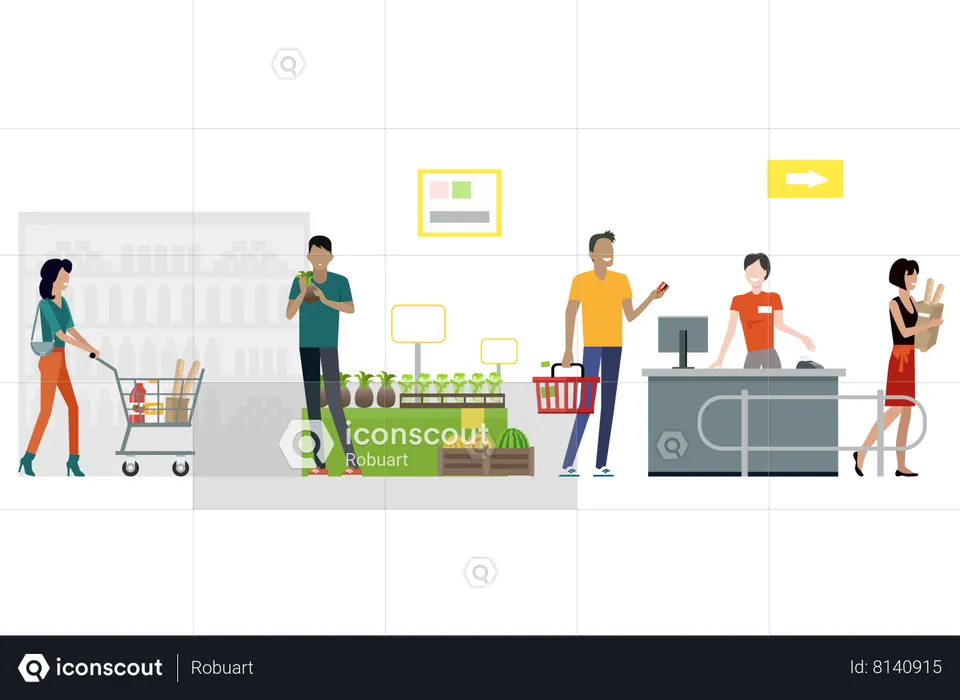 Acheteurs et employés de magasin dans une épicerie  Illustration