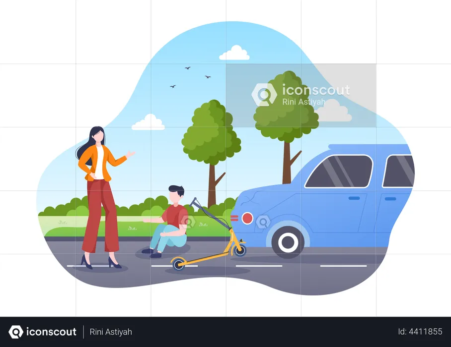 Acidente de carro com scooter  Ilustração