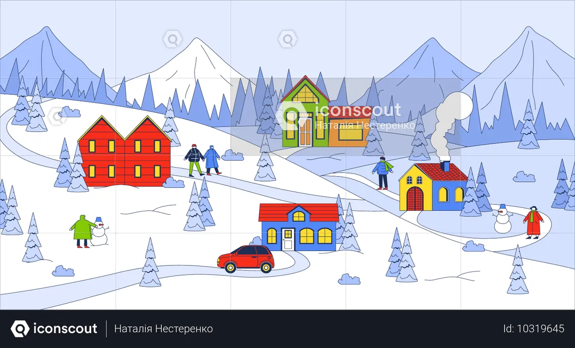 Acogedora ciudad invernal en medio de bosques y montañas nevadas  Ilustración