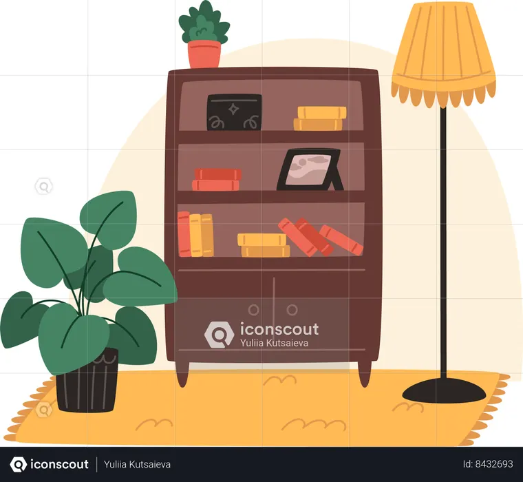 Acogedor salón con estantería y plantas en macetas.  Ilustración