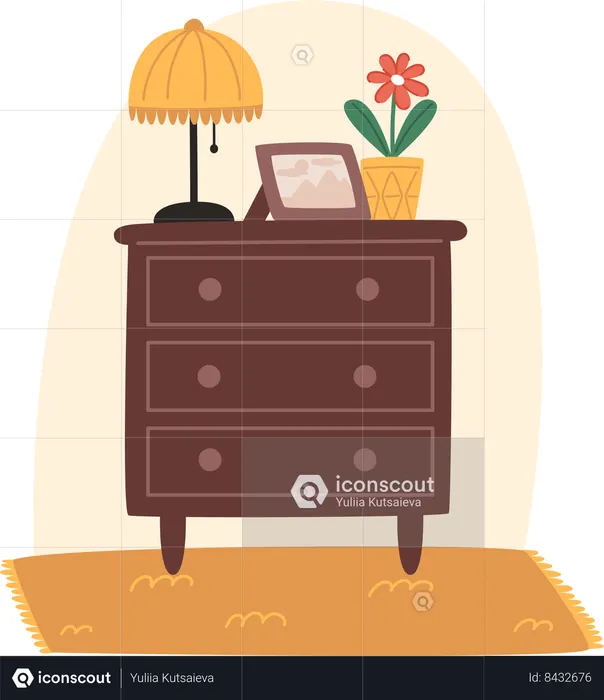 Acogedora cómoda de madera con marco de fotos y lámpara de mesa  Ilustración