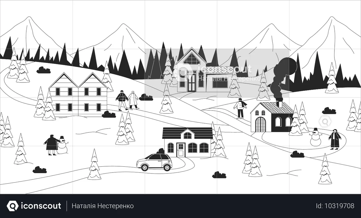 Cidade aconchegante de inverno em florestas de montanhas nevadas  Ilustração