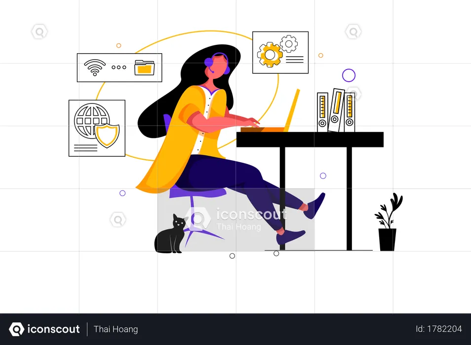 Admin lady managing online data transfer and security  Illustration