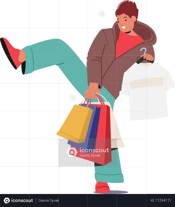 Un adolescent accro au shopping tenant un sac de courses et profitant de ses achats de vêtements décontractés  Illustration