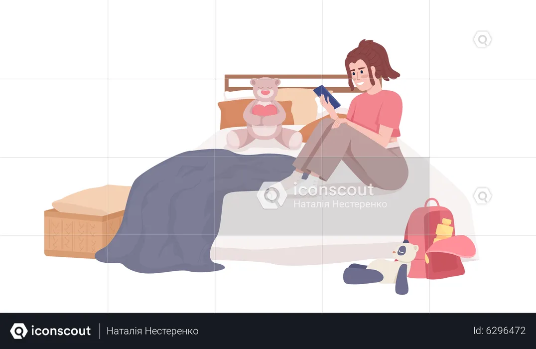 Adolescente com telefone relaxando na cama  Ilustração