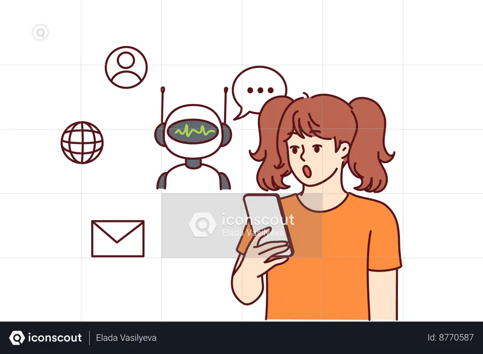 Menina adolescente usa chatbot para conversar  Ilustração