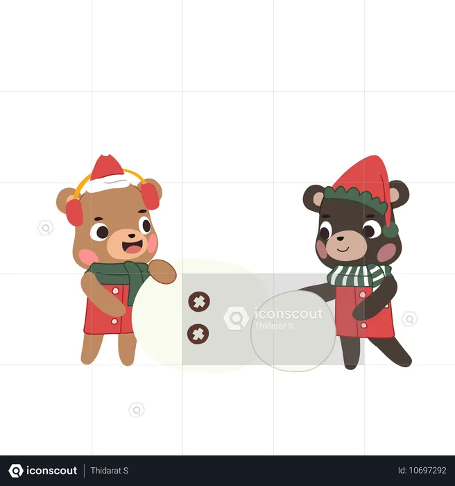 Adorable bears creating snow dolls and enjoying winter fun  Illustration