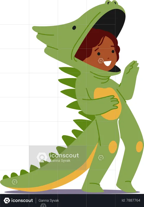 Adorable Girl Character Dons Green Dinosaur Costume  Illustration
