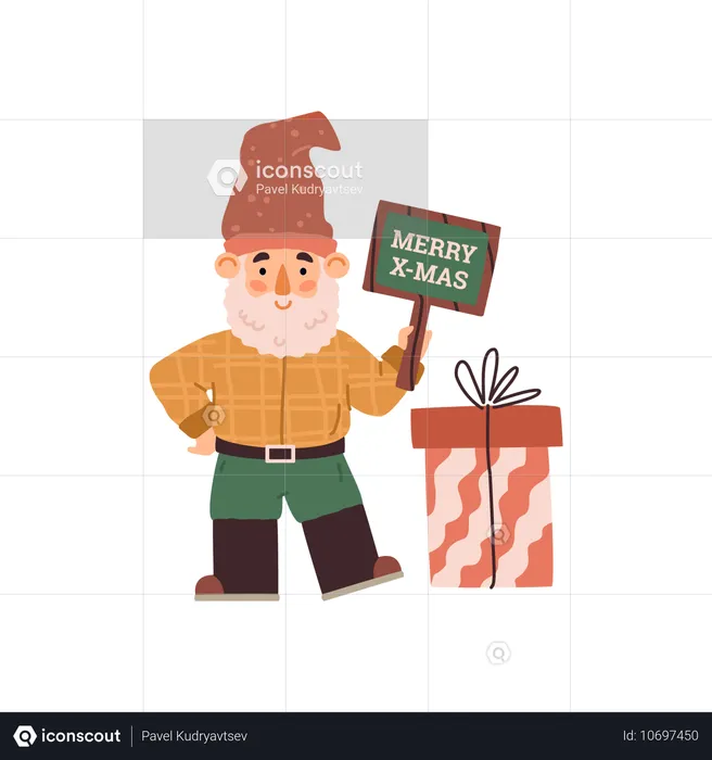 Adorable gnome with beard in hat congratulates on Christmas  Illustration