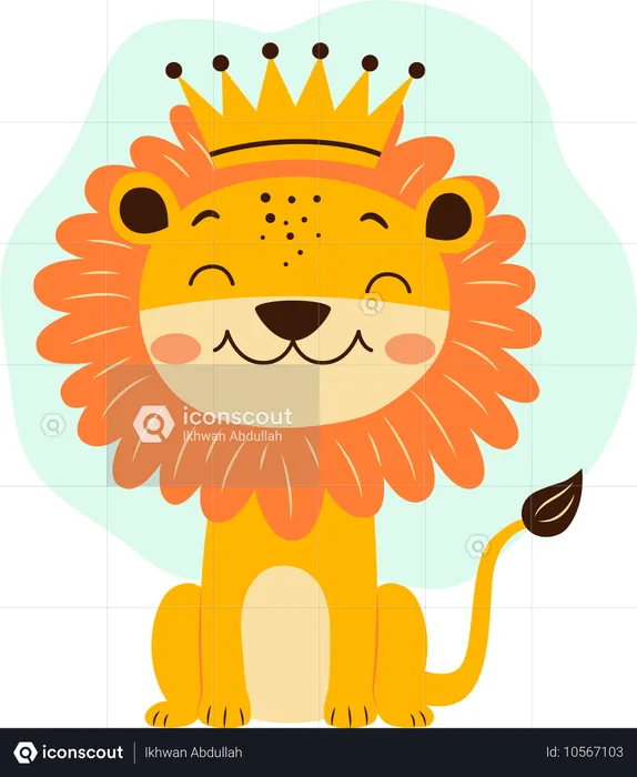 Adorable Lion Wearing King Crown in Jungle with Happy Expression  Illustration