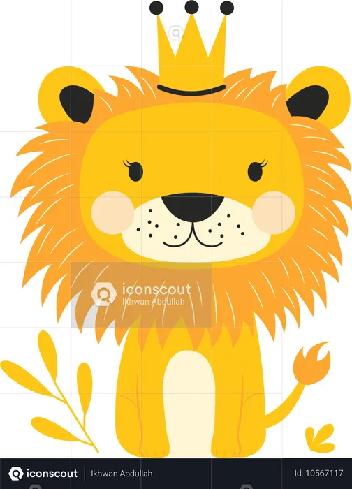 Adorable Lion Wearing King Crown in Jungle with Happy Expression  Illustration