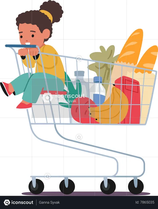 Adorable niña sentada felizmente en un carrito de supermercado  Ilustración