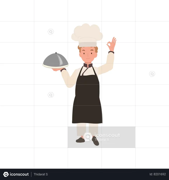 Adorable niño chef con gorro de chef haciendo la señal de mano correcta  Ilustración