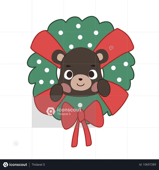 Adorable ours kawaii niché dans une couronne de Noël, mettant en valeur un esprit de vacances joyeux  Illustration