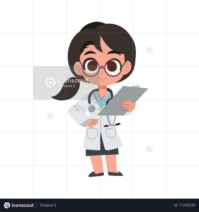 Adorable personaje de doctora sosteniendo el expediente del paciente  Ilustración