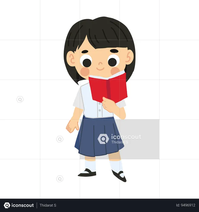 Adorable Thai Little Girl in School Uniform Reading  Illustration
