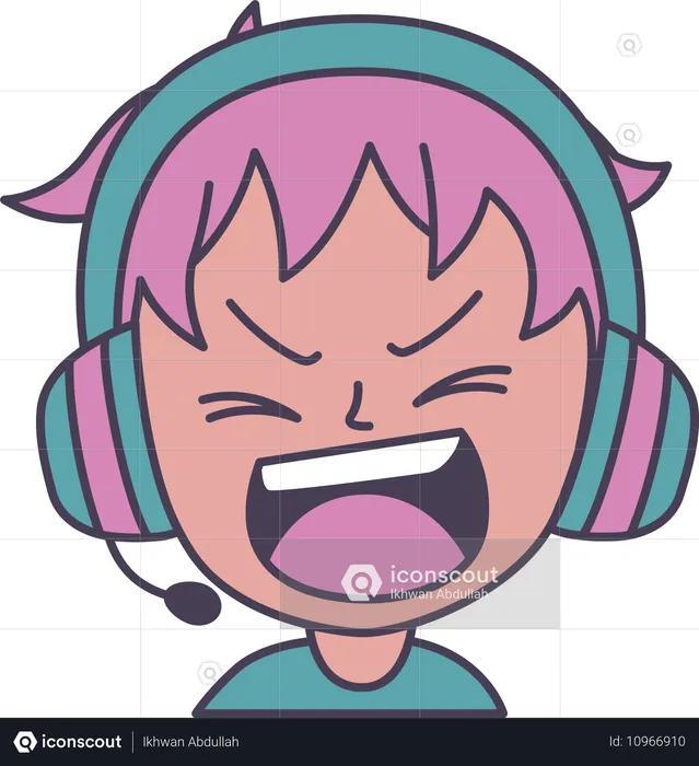 Adorável garoto gamer personagem de anime usando fone de ouvido gritando com expressão de raiva  Ilustração