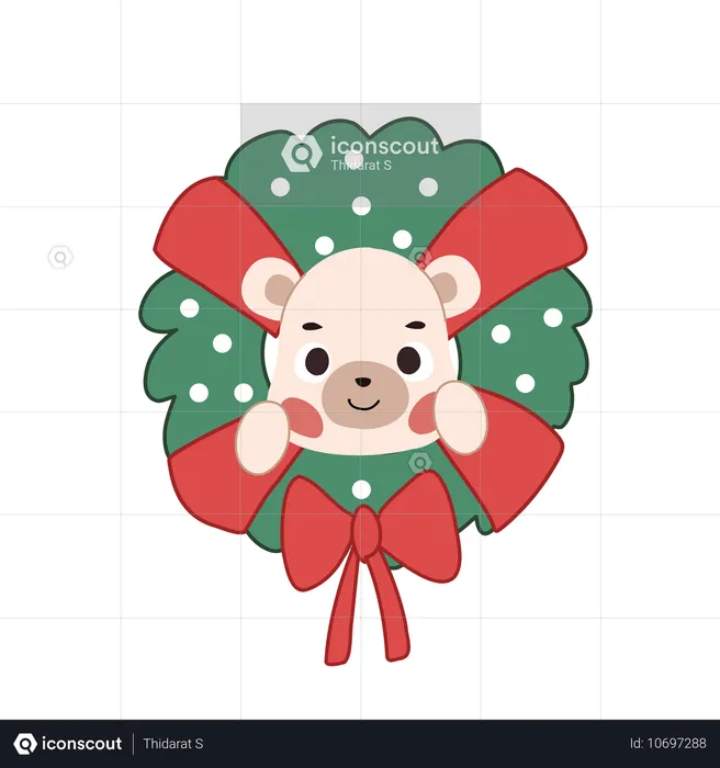 Adorável urso kawaii aninhado em uma guirlanda de Natal, exibindo um alegre espírito natalino  Ilustração