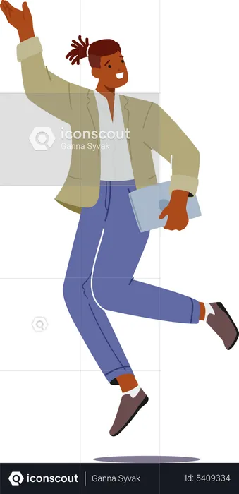 Adult African with Laptop in Hand Jumping  Illustration