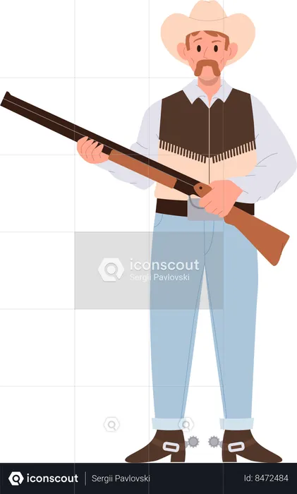 Adult cowboy wearing vintage traditional clothing holding rifle  Illustration