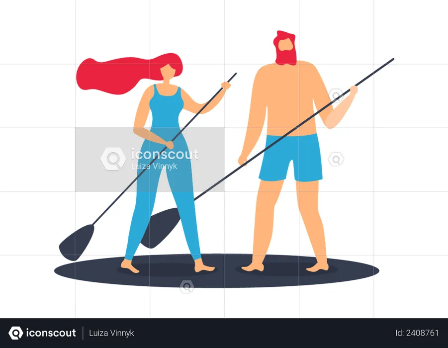 Adult Man and Woman Riding Waves on Surfboard  Illustration