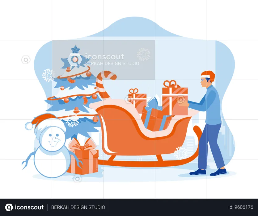 Adult men put Christmas gifts in Santa's sleigh  Illustration