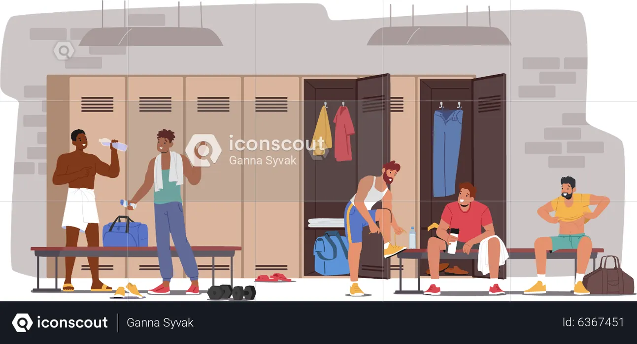 Adult sportsmen in sports locker room  Illustration