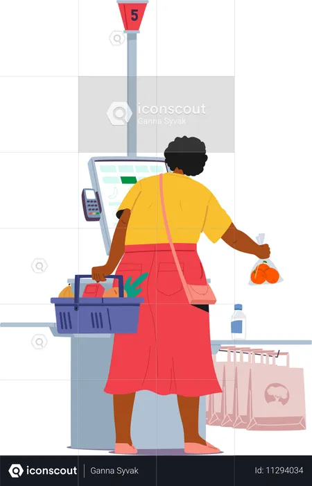 Adult woman housewife customer doing shopping at supermarket self-service kiosk  Illustration