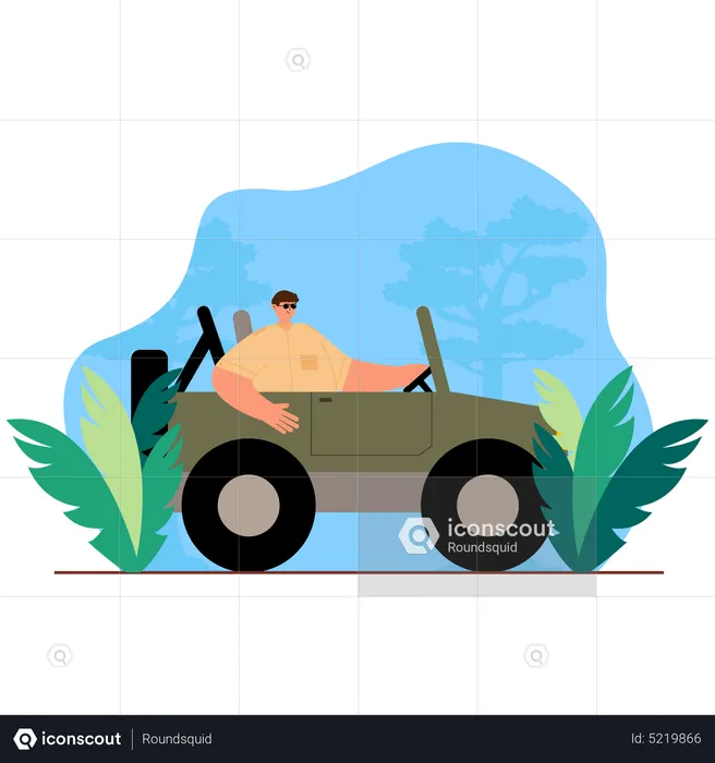 Adventurer riding on jeep in jungle  Illustration