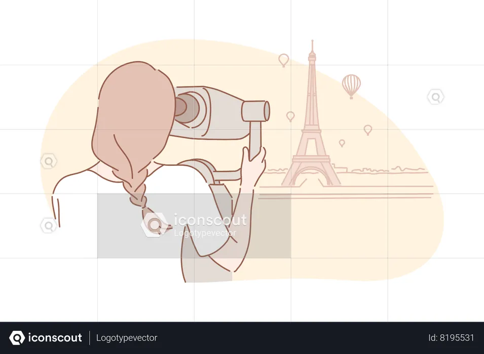 Adventurous woman traveller looks at Eiffel tower.  Illustration