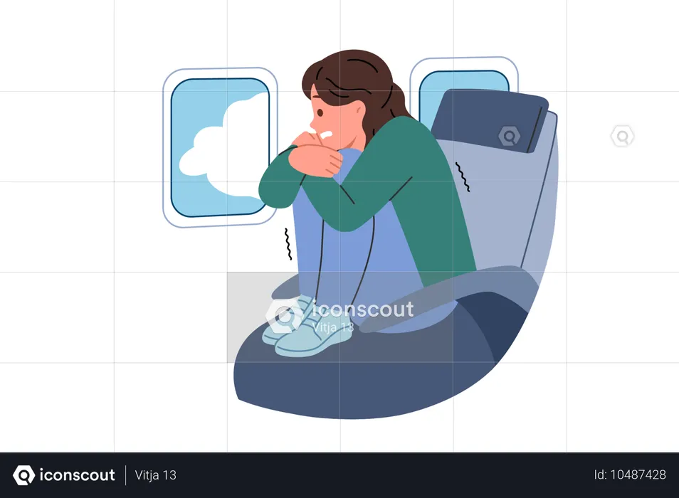 Aerofobia que enfrenta una mujer mientras vuela en avión  Ilustración