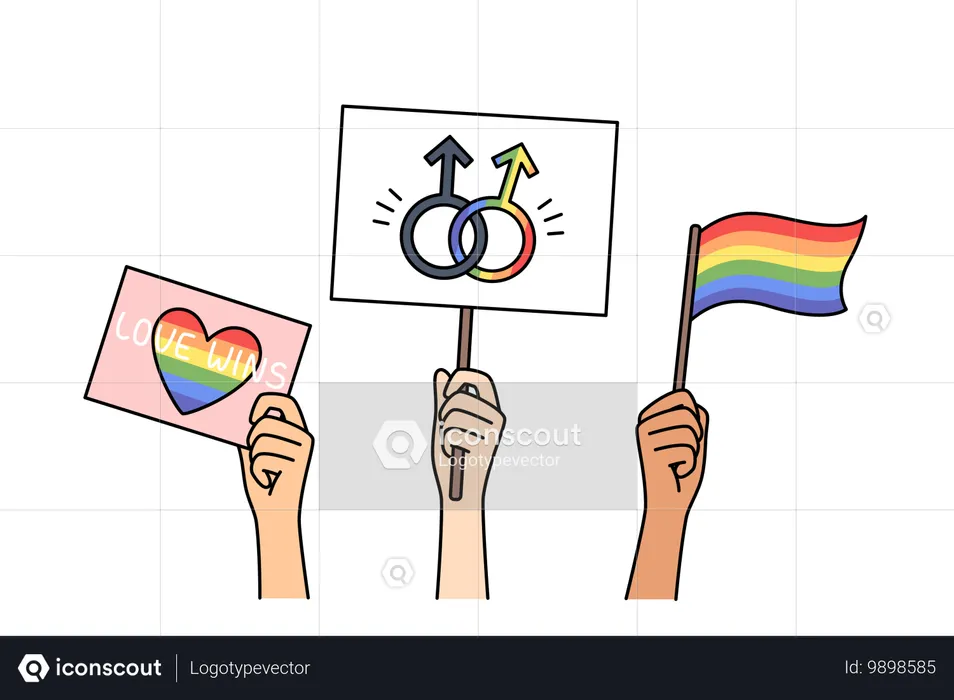 Affiches et drapeaux LGBT entre les mains des gens  Illustration