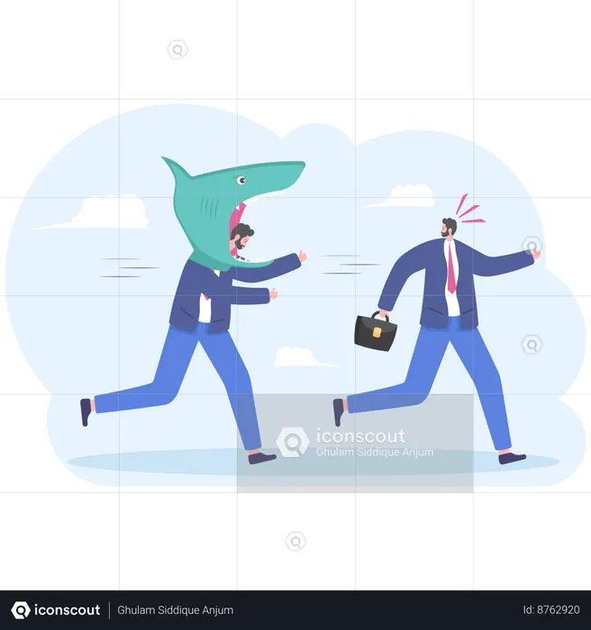 Afraid businessman running away from man dressed costume of shark  Illustration