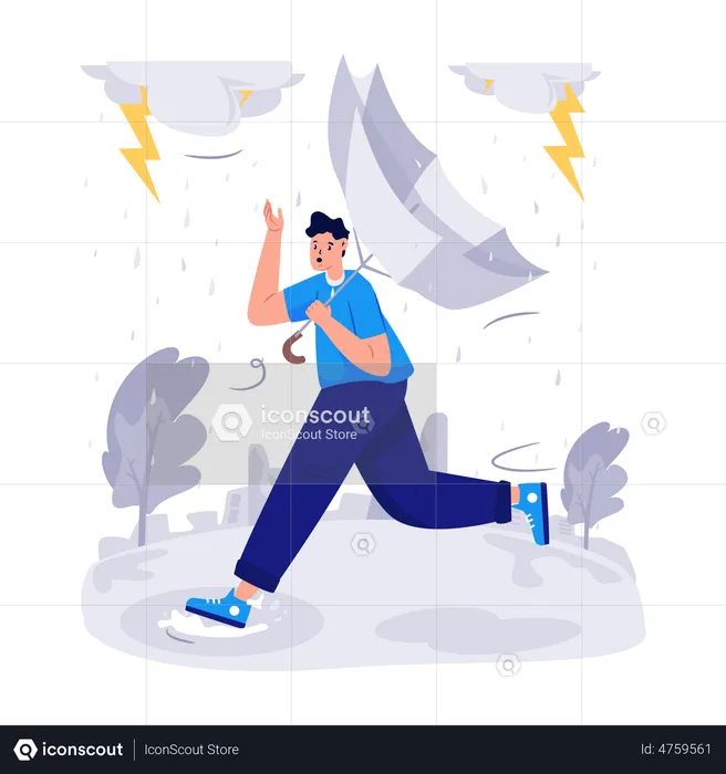 Afraid man running while Thunderstorm Coming  Illustration
