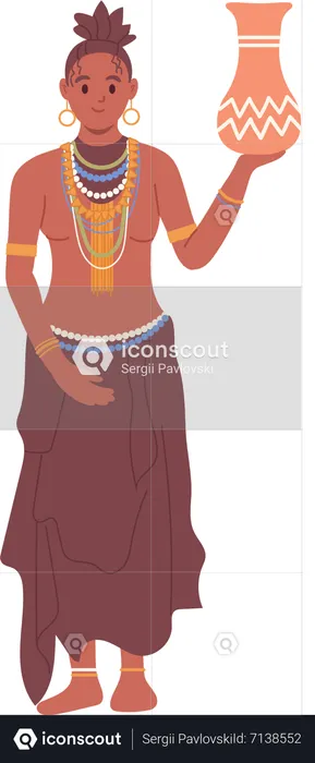 African aboriginal woman in traditional clothes holding native clay jug  Illustration