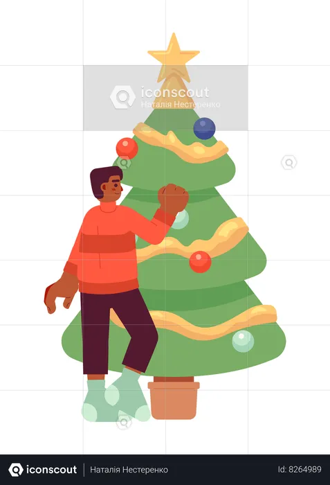 African american boy decorating Xmas tree  Illustration