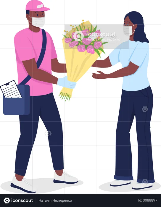 African American courier in face mask gives woman flowers  Illustration