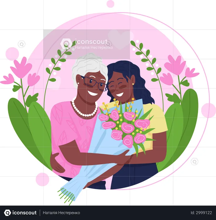 African American daughter and mother hugging  Illustration