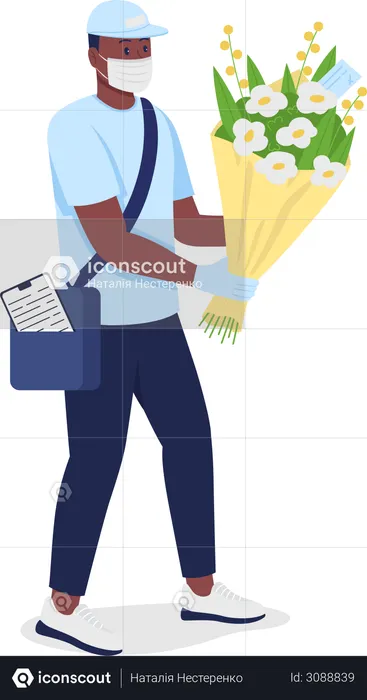 African American delivery man with flowers in face mask  Illustration