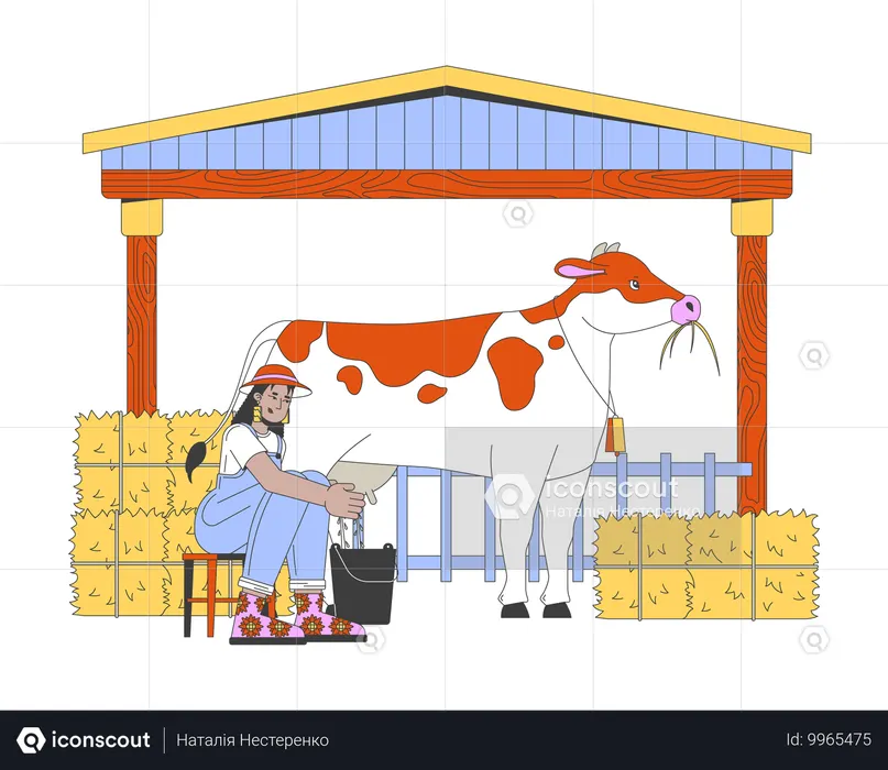 African american female farmer milking cow  Illustration