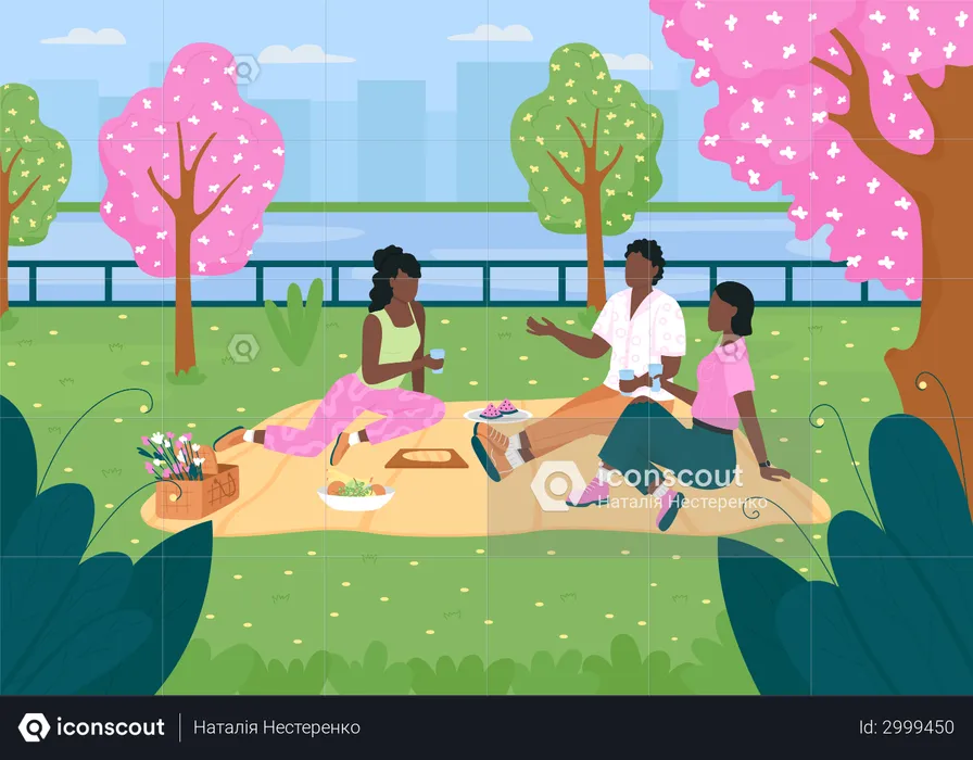African American friend on picnic in park during spring season  Illustration