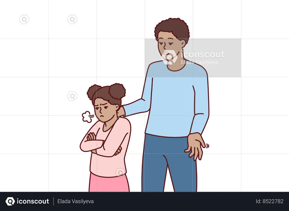 African American man comforts offended preteen girl after argument or punishment  Illustration