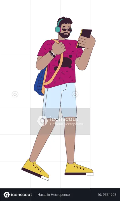 African american man with headphones using smartphone .  Illustration