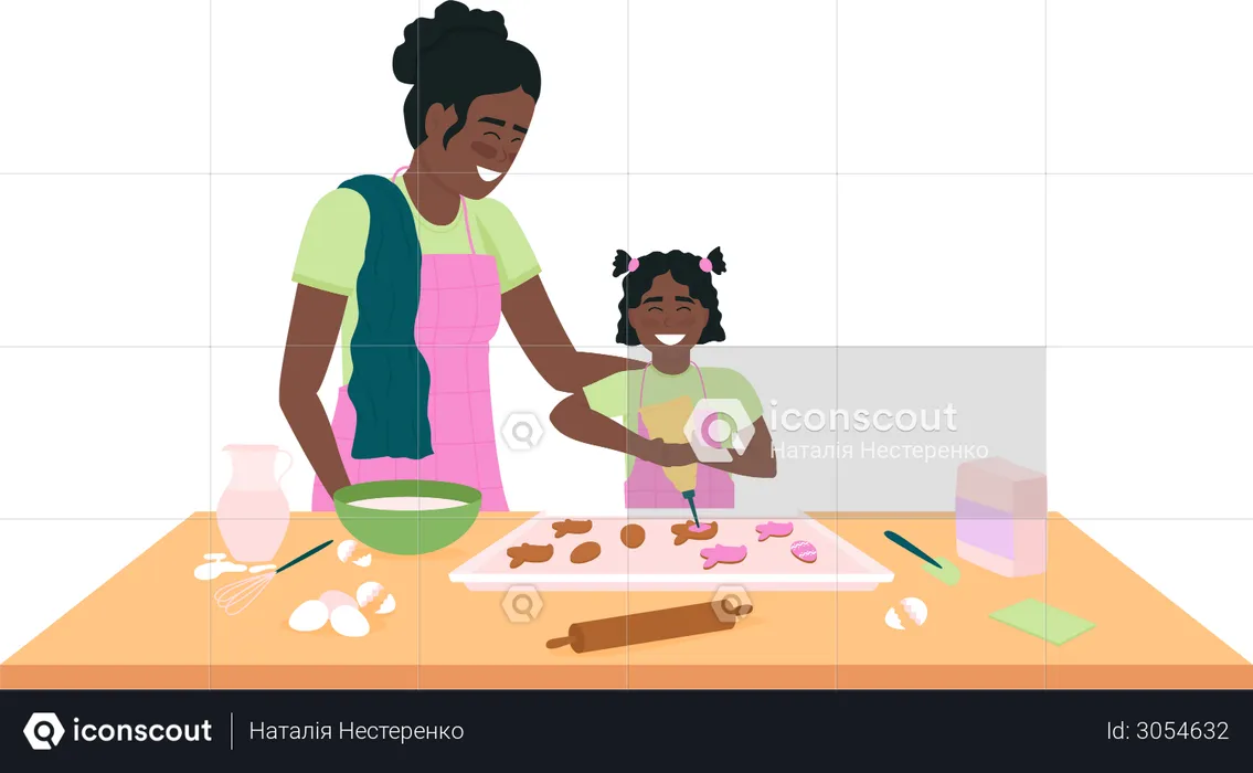 African american mother and daughter baking easter cookies  Illustration