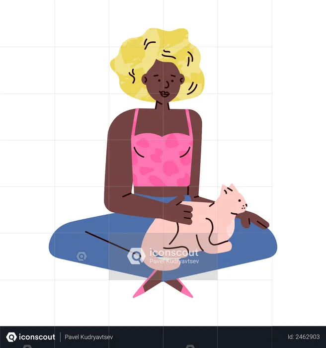 African american woman cartoon character sitting on floor and stroking a cat  Illustration